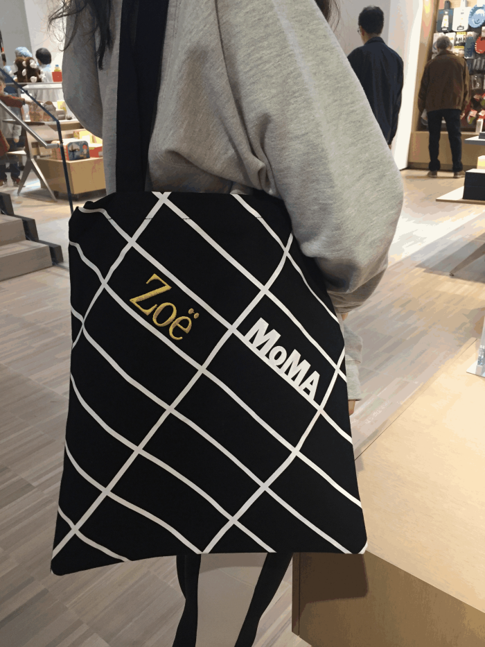 Zoe is another happy Guest Moma tote bag gold black white lines